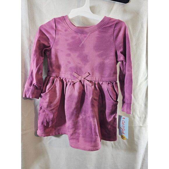 Cat & Jack Girls Long Sleeve Dress Mauve Tie Dye Pockets Bow Ribbed Sz 2T NWT - Picture 1 of 5